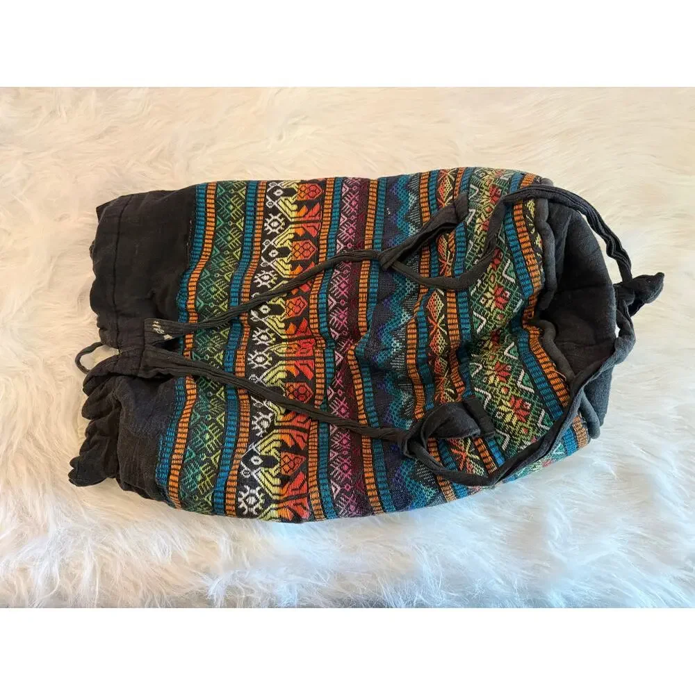 Vtg 80s Padded Aztec Tribal Woven Bucket Backpack Costa Rica Hippie Slouchy Bag